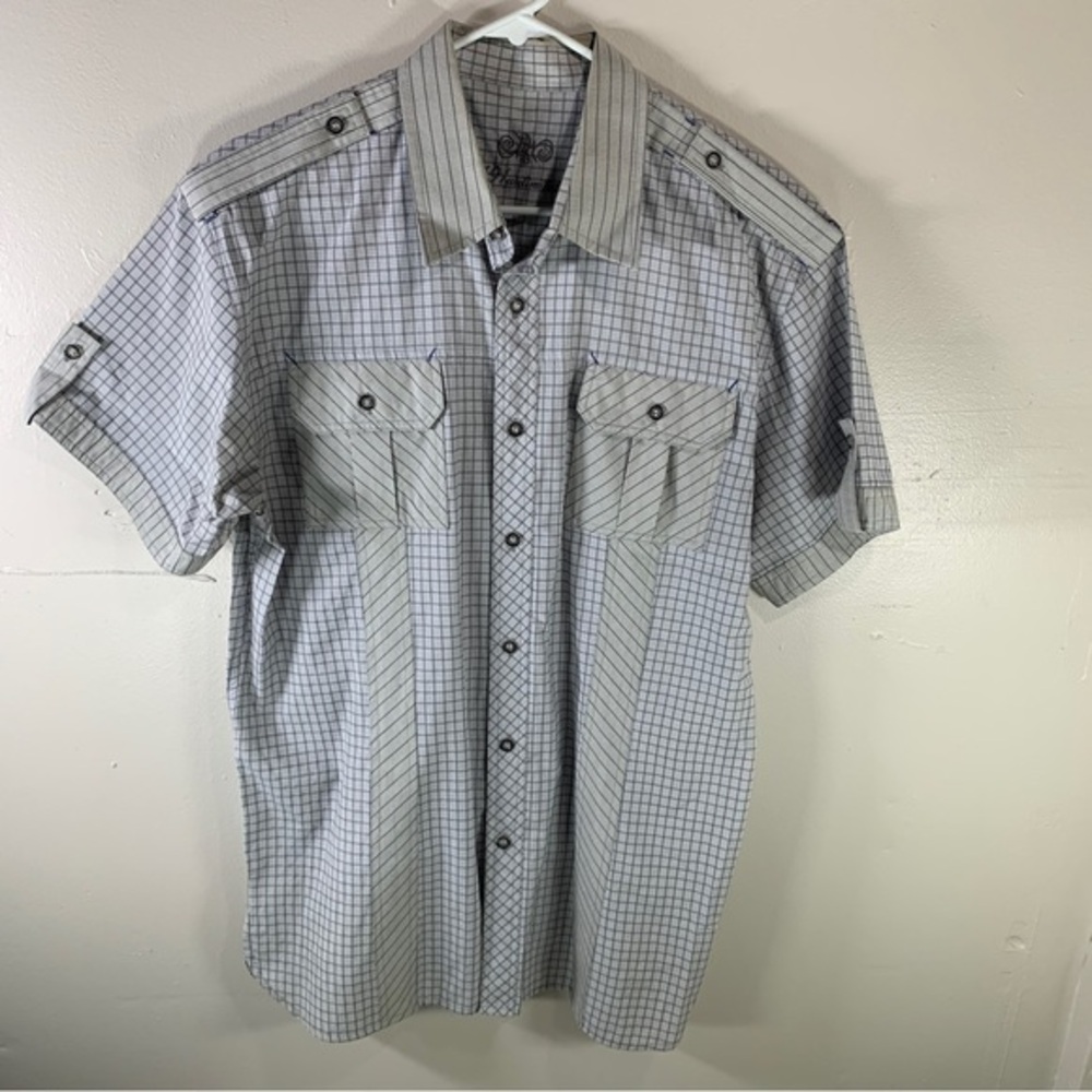 Men’s button-down shirt plaid short sleeve grid pattern white gray large stripes - Picture 1 of 8
